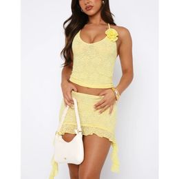 XingQing Lace Outfit Y2K Clothing Summer Women 3D Flower Halter Crop Tank Tops Ruffled Hem Mini Rok Tweede stuks Set Clubwear 240508