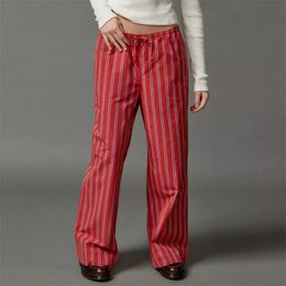 Pantalones a rayas Xingqing y2k Mujeres Drawstring Elástico Blinda baja de la cintura anchas con bolsillos 2000