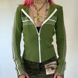 Xingqing gestreept sweatshirt jaren 2000 esthetische vrouwen zip-up lange mouwen tops met capuchon y2k grunge jas groene hoodie streetwear 240115