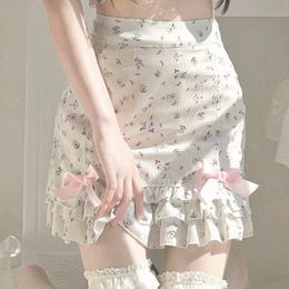 Xingqing Y2K Fairycore Mini jupe femme imprimé floral hauteur haute jupe d'ourlet à volants avec arc 2000 streetwear esthétique 240416