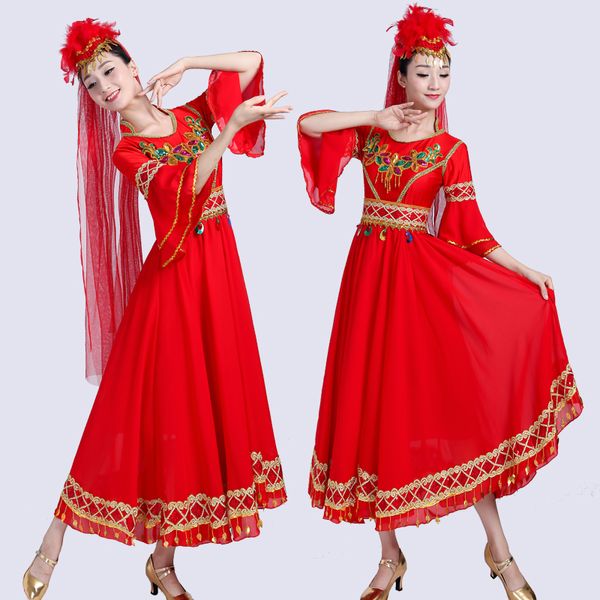 Xinjiang Uyghur Dance Clothing Costume ethnique adulte Robe de style indien Robe de performance de festival Robe de danseuse folklorique chinoise Vêtements de scène rouge