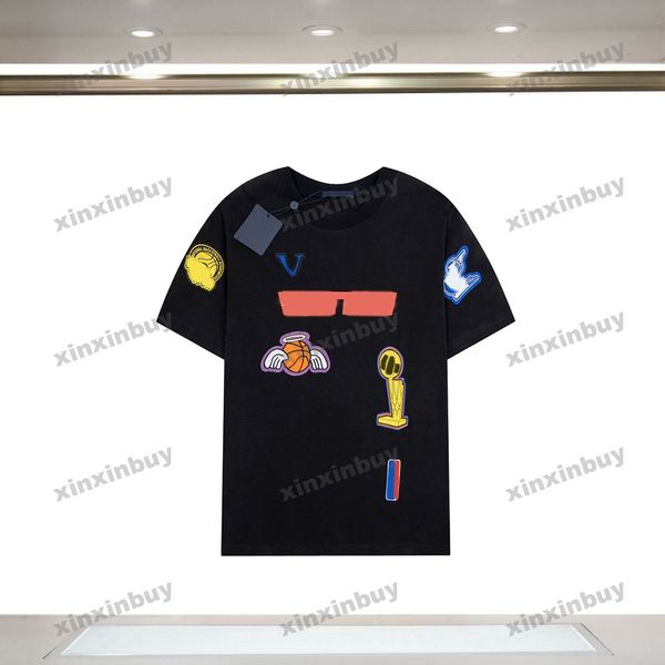 Xinxinbuy 2024 Hommes Designer Tee T-shirt Basketball Patch Broderie Col rond Manches courtes Coton Femmes Noir Blanc XS-2XL