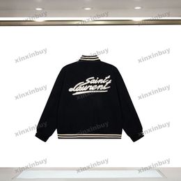 Xinxinbuy 2024 hommes concepteur laine veste en cuir véritable patch arrière veste de baseball à manches longues femmes noir S-2XL