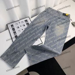 Xinxinbuy 2024 Men Women Designer Jeans Pant Paris Cursive Letter Jacquard Casual Pants Black Blue Gray M-3XL