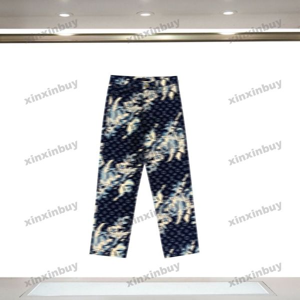 Xinxinbuy 2024 Hombres Mujeres Diseñador Jeans Pantalón Algas Marinas Conjuntos de impresión de letras florales Pantalones casuales Negro Azul Gris S-2XL
