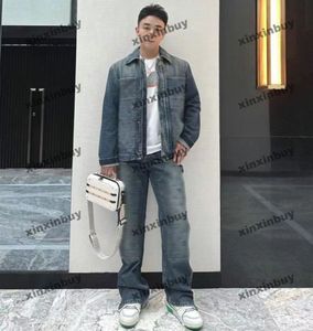 xinxinbuy Mannen designer Jas Jas Capuchon Letter emboss Panelled letter denim sets lange mouwen dames blauw S-2XL