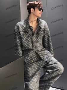 Xinxinbuy Mannen designer Jasje Brief jacquard denim stof sets lange mouwen vrouwen kaki Zwart M-2XL