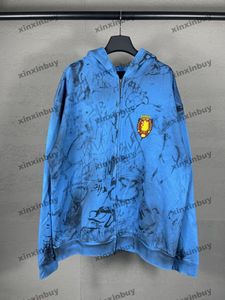 xinxinbuy Diseñador de hombres Sudadera con capucha Sudadera con letras destruidas Bordado Dibujado a mano Graffiti Manga larga Mujer Azul Negro Blanco Gris XS-L