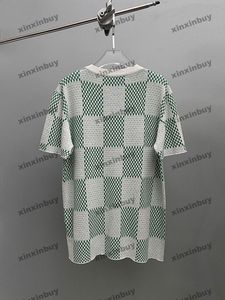 Xinxinbuy, camiseta de diseñador para hombre, camiseta 2024, tela de punto de tablero de ajedrez, manga corta, algodón, mujer, gris, negro, blanco, XS-XL