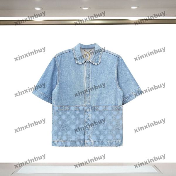 Xinxinbuy Hommes Designer Tee T-shirt 2024 Lettre en relief Denim Tissu à manches courtes Coton Femmes Bleu Noir Vert Gris Rouge XS-XL