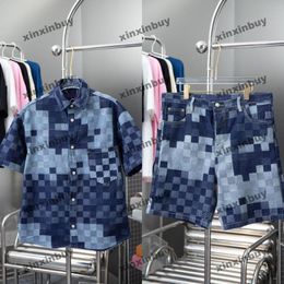 Xinxinbuy Men Designer T-shirt 2024 Italië Mozaïek Letter Jacquard Patroon Denim Sets Katelen met korte mouwen Grijs Zwart blauw Kaki M-4XL