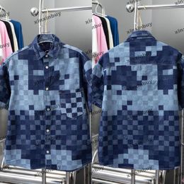Xinxinbuy Men Designer T-shirt 2024 Italië Mozaïek Letter Jacquard Patroon Denim Sets Katelen met korte mouwen Grijs Zwart blauw Kaki XS-2xl
