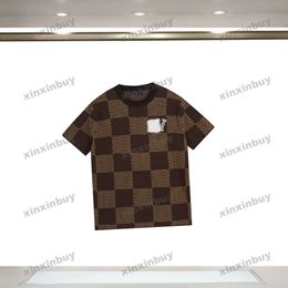 Xinxinbuy Men Designer Tee T-shirt 2024 Italie Chessboard Grid Letter Jacquard Cotton Coton Coton Coton Femmes Brown Apricot S-2xl