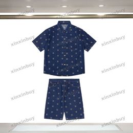 Xinxinbuy Men Designer Tee T-shirt 2024 Italie Gold Lettre broderie Denim Ensembles à manches courtes Coton Femmes Grey Black Blue Khaki M-2xl