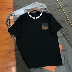 Xinxinbuy Hombres Diseñador Tee T Shirt 2024 Italia Bolsillos de cuero Impresión de letras Manga corta Algodón Mujeres Gris Negro Albaricoque S-2XL