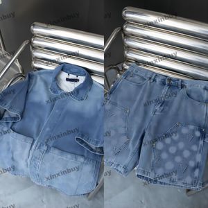 Xinxinbuy Men Designer T-shirt 2024 Italië Emboss Letter Patroon Denim Sets Katelen met korte mouwen Grijs Zwart blauw Kaki M-4XL