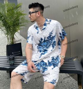 Xinxinbuy Men Designer T-shirt 2024 Italië Paneel Bloempatroon Jacquard Letter Fabric Silk Sets Lange mouw Katoen vrouwen Grijs Zwart Blauw M-3xl