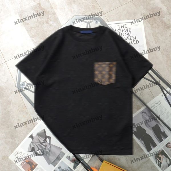 Xinxinbuy Hommes Designer Tee T-shirt 2024 Italie Gaufrage Lettre Impression Poches en cuir Coton à manches courtes Femmes Gris Noir Blanc Rouge XS-3XL