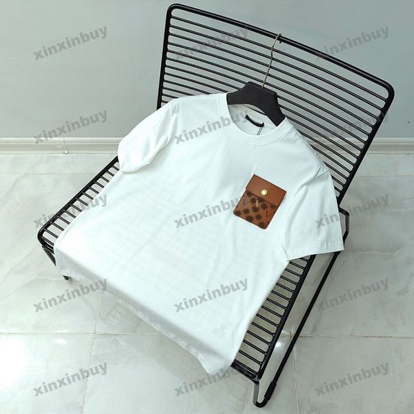 Xinxinbuy Hommes Designer Tee T-shirt 2024 Italie Lettre en relief poche en cuir à manches courtes coton femmes gris noir abricot S-2XL