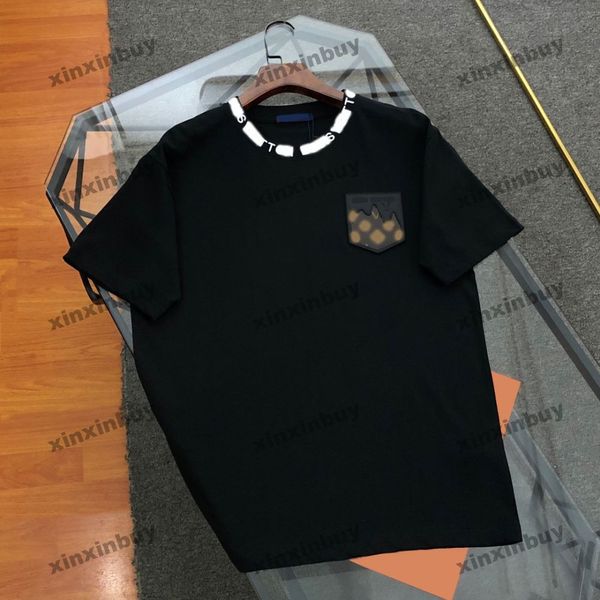 Xinxinbuy Hommes Designer Tee T-shirt 2024 Italie Poches en cuir Lettre d'impression à manches courtes Coton Femmes Gris Noir Abricot S-2XL