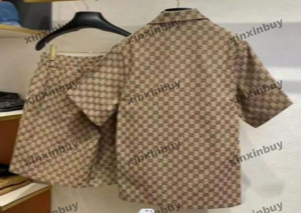 Xinxinbuy Men Designer Tee T-shirt 2024 Italie Double Letter Jacquard Tissu Ensembles denim Coton à manches courtes Coton Gris Black Blue Abricot XS-2XL