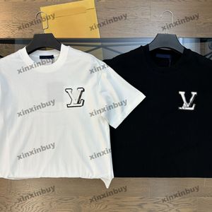 Xinxinbuy Mannen Designer Tee T-shirt 2024 Leer Brief Borduren Stof Revers Korte Mouw Katoen Vrouwen Grijs Zwart Wit Kaki S-XL