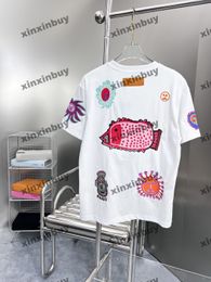 Xinxinbuy, camiseta de diseñador para hombre, camiseta 23ss con bordado de cara, patrón de puntos infinitos, calabaza, manga corta, algodón, mujer, blanco, S-XL
