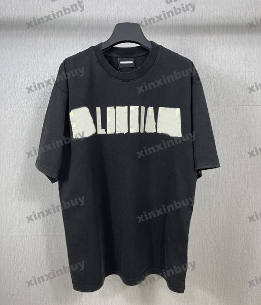xinxinbuy Camiseta de diseñador para hombre 23ss Patrón de cinta de París estampado de manga corta de algodón para mujer Negro Blanco azul rojo XS-L