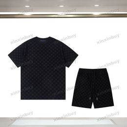 Xinxinbuy, camiseta de diseñador para hombre, camiseta 23ss a cuadros, conjuntos de tela de toalla Jacquard, algodón de manga corta, mujer, blanco, negro, amarillo, XS-2XL