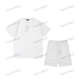 xinxinbuy Hombres diseñador Tee camiseta 23ss plaid Jacquard toalla tela conjuntos manga corta algodón mujeres blanco negro XS-XL