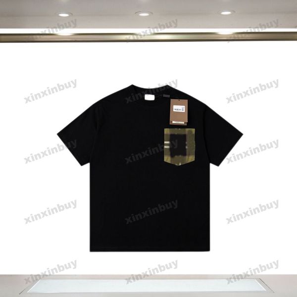 xinxinbuy Hommes designer Tee t-shirt 23ss poche à carreaux lettre impression manches courtes coton femmes blanc noir bleu XS-L