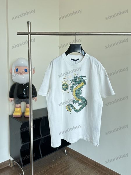 Xinxinbuy Hommes Designer Tee T-shirt Dragon Lettre Fleurs Impression Coton à manches courtes Femmes Noir Blanc Bleu Gris S-XL