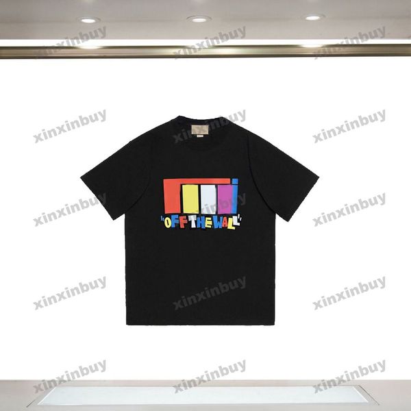 Xinxinbuy Camiseta de diseñador para hombre, camiseta con estampado de letras de pared, manga corta de algodón, negro, blanco, azul, gris, XS-2XL