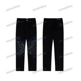 xinxinbuy Hombres mujeres diseñador pantalón destruido Letra Salpicaduras de pintura Slim Fit Jeans elásticos Primavera verano Pantalones casuales negro gris M-2XL