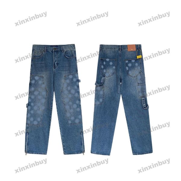 xinxinbuy Hommes femmes designer pantalon gaufrer lettre denim jeans Zipper ourlets poche détruit Printemps été Pantalon décontracté bleu gris M-2XL