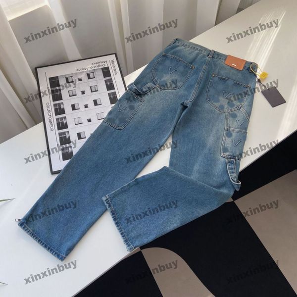 xinxinbuy Hommes femmes designer pantalon gaufrer lettre denim jeans Zipper ourlets poche détruit Printemps été Pantalon décontracté bleu S-2XL