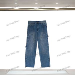 Xinxinbuy hommes femmes designer pantalon Paris gaufrage lettre impression jean lavé denim fermeture éclair pantalons décontractés bleu M-2XL