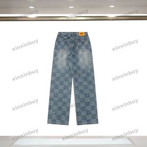 Xinxinbuy, pantalones de diseñador para hombres y mujeres, conjuntos de tela vaquera a cuadros con letras jacquard, pantalones casuales de primavera y verano, S-2XL negro