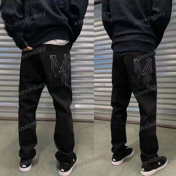 xinxinbuy Hommes femmes designer pantalon Poche lettre broderie Jeans délavé denim Pantalon décontracté noir bleu S-2XL