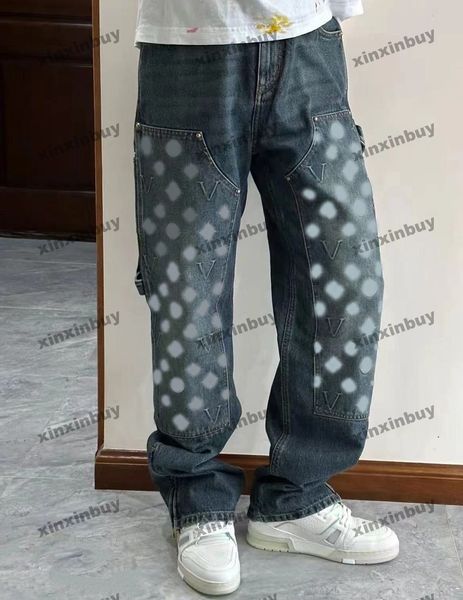 Xinxinbuy hommes femmes designer pantalon lettre gaufrage tissu jeans denim printemps été abricot noir bleu S-2XL