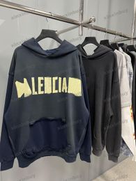 xinxinbuy Felpa con cappuccio da uomo firmata da donna Parigi distrutta Maglione con stampa lettera blu nero grigio XS-2XL