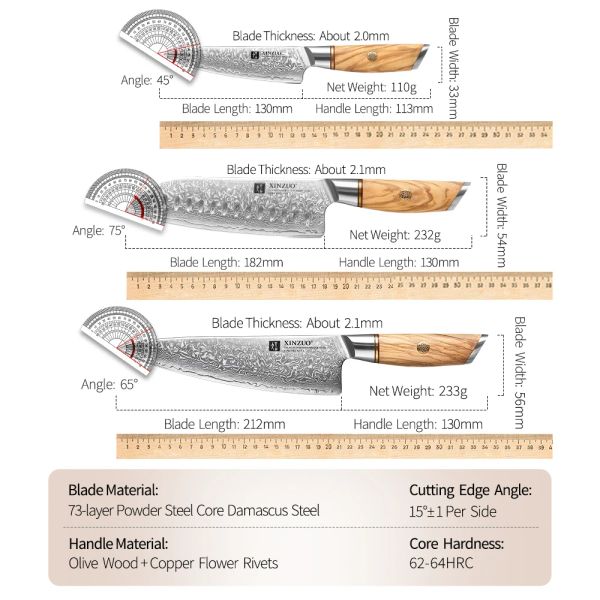 Juego de cuchillo Xinzuo 3pcs 73 capas Damasco Acero Razor Hoja afilada 14CR14MovnB Mango de madera de oliva de acero en polvo