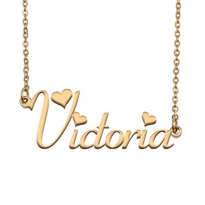 Collier avec pendentif avec plaque nominative Victoria pour femmes et filles, cadeau d'anniversaire pour enfants, bijoux meilleurs amis, acier inoxydable plaqué or 18 carats