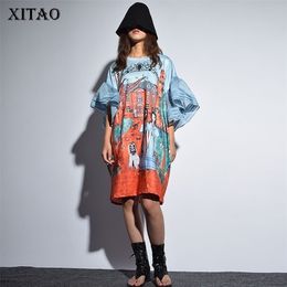 [XITAO] automne corée mode col rond manches longues robe ample femme demi volants dessin animé au-dessus du genou KZH432 210623