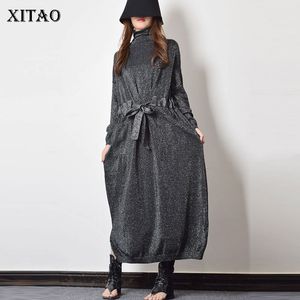 XITAO dessiner chaîne taille arc décoration robe femmes hiver marée mode fendu col roulé col à manches longues robe WQR2035 201126