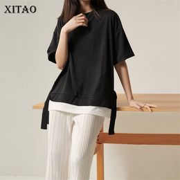 Xitao Koreaanse stijl Fake Two -Piece Ribbon T -shirt los plus size wilde vrouwen tops mode dames kleren lente nieuw DMY4273 T200512