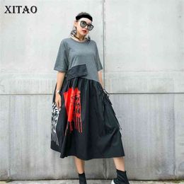 Xitao plus size jurk mode hoge taille elegante zomer pullover patchwork hit kleur godin fan casual gcc3514 210623