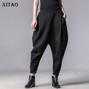 XITAO Plus Taille Femmes Automne Hiver Pantalon Personnalité Taille élastique Noir Harem Casual Pantalon épissé XWW3091 211115