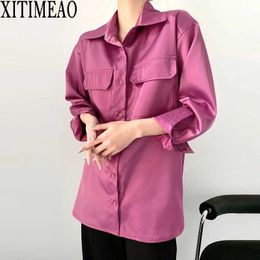 Xitimeao lente herfst vrouwen koreaanse eenvoudige stijl losse lange mouw shirt casual effen kleur chique tops 210604