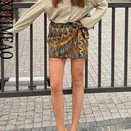 XITIMEAO femmes mode avec perlé froncé imprimé Wrap Mini jupe Vintage taille haute dos fermeture éclair femme jupes Mujer T220819